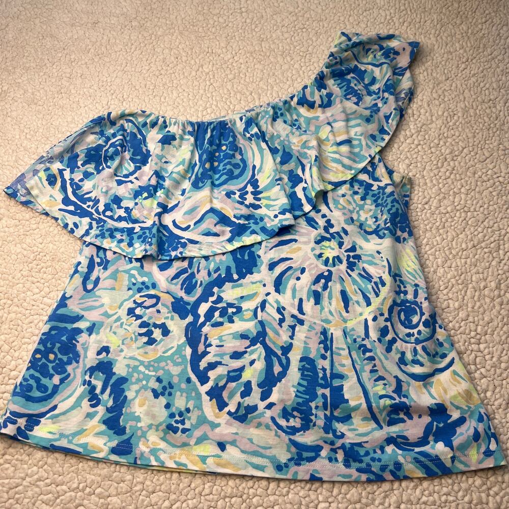 Lilly Pulitzer One Shoulder Blue White Ruffle Seashell Print Top XS